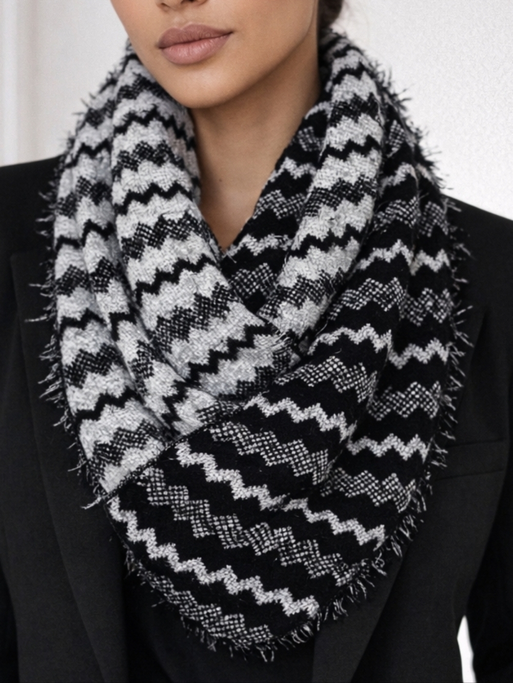 Infinity Fuzzy Knit Reversible Scarf Black White 40"